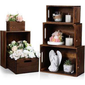 AceOrbit Set of 6 Wood Crates with Handles, Rustic Decorative Storage Boxes Distressed Wooden Nesting Display Baskets for Farmhouse, Wedding, Party Storage Display Supplies(Classic Brown)
