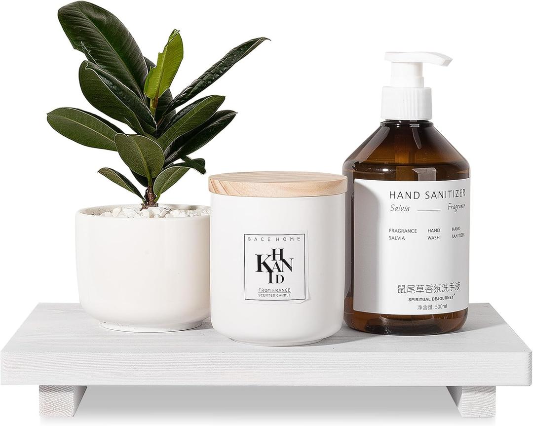 zoocatia Bathroom Counter Organizer Wood Pedestal Stand Farmhouse Decorative Tray Soap Holder for Kitchen Decor, Large 11.8" x 7" - White