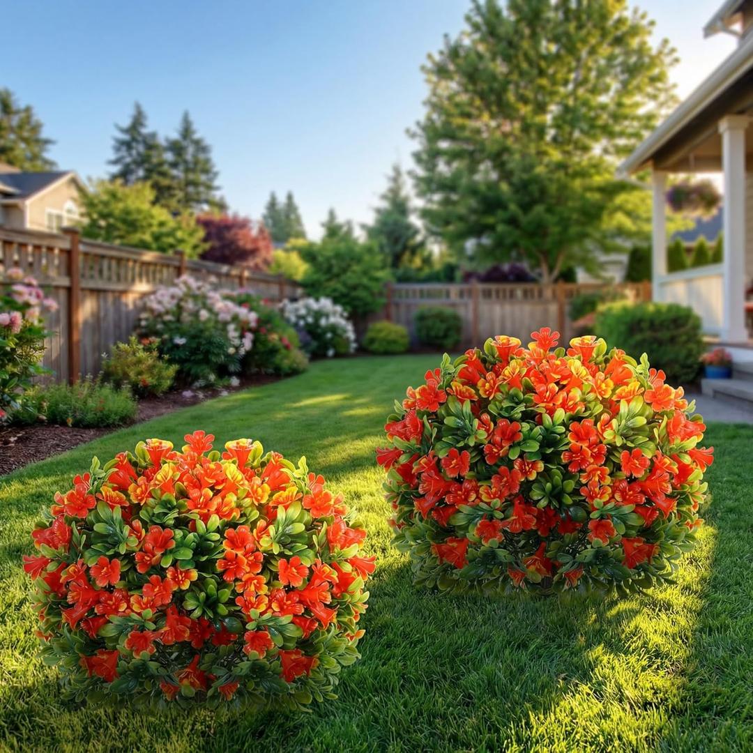 Daifunli 2 Pcs Artificial Morning Glory Topiary Balls Tree with Spike - UV Resistant, Realistic Silk Faux Bush Outdoor for Porch, Patio, Garden - Spring Summer Floral Decor(Orange,20 Inch)
