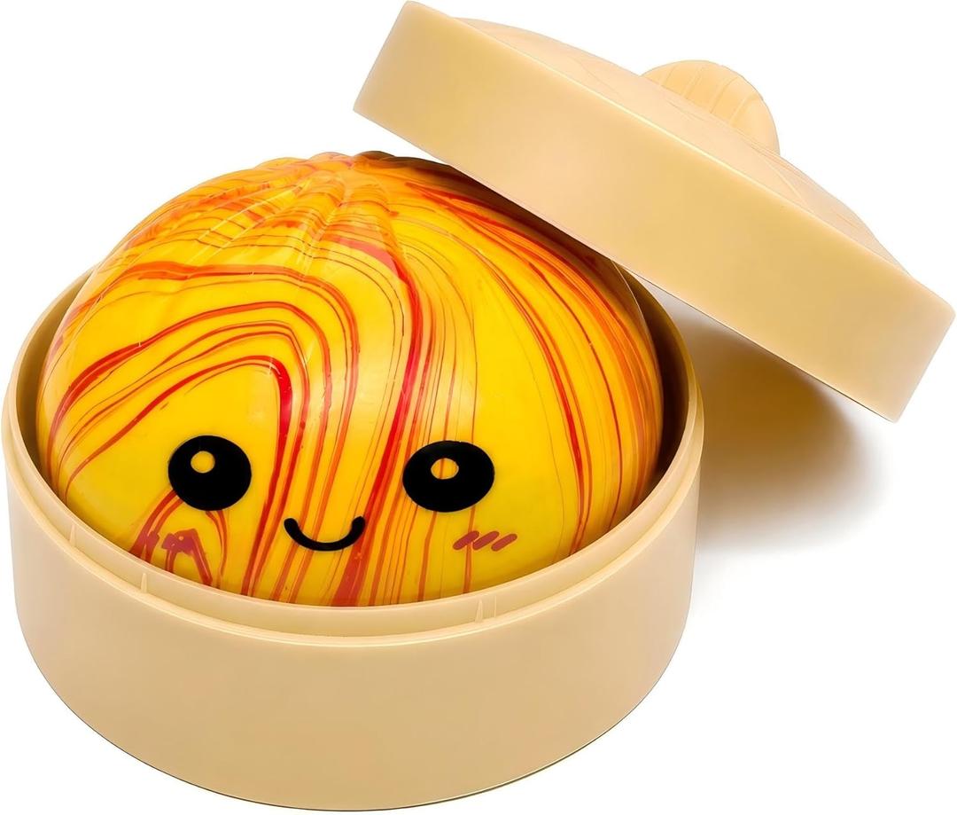 Mystery Orange Marble Design Dumpling Squishies with Steamer Box, Soft Stretchy Bao Bun Stress Relief Balls, Sensory Fidget Squeeze Toys for Anxiety Relief, Decompression Desk Toys