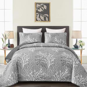 Grey Quilt Set Full Size Branch Botanical Pattern Bedspread Coverlet Set, 3 Piece Soft Lightweight Summer Bedspread Gray Floral Quilt Bedding Set Reversible Bedding Cover for All Season, 80''x90''