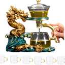 Glass Teapot Set Tea Maker with Infuser Semi Automatic Drip Rotating Cover Bowl Lazy Tea Set (Dragon, Teapot set)