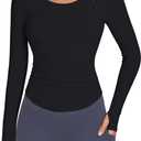 BMJL Womens Workout Tops Built in Bra Yoga Long Sleeve UPF 50+ Sun Shirts | Sun protection,belly ruched, shoulder cutout, lightweight breathable stretch fabric, athletic fitness gym clothes (Black, XS)