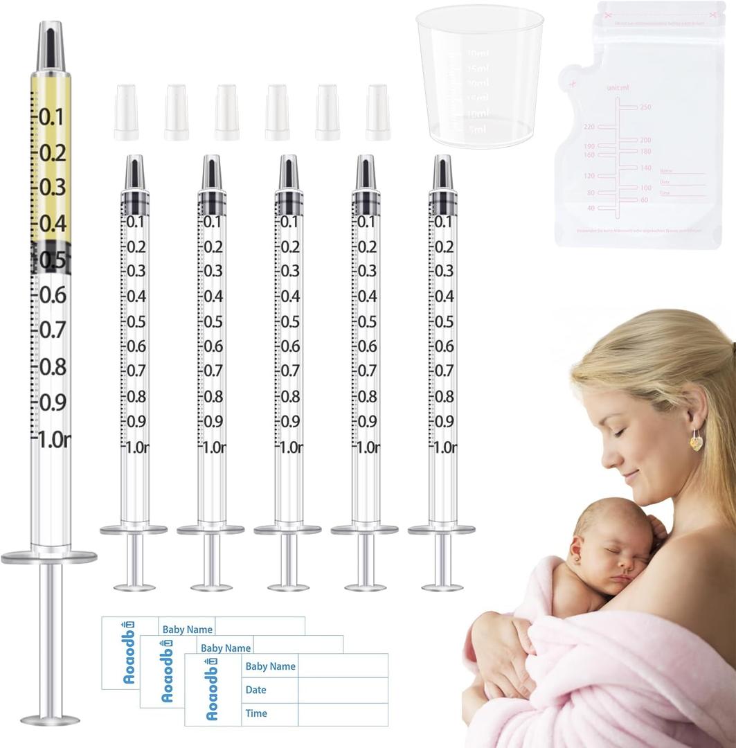 Colostrum Collector Kit Include 50pcs 1ml Sealed Breast Milk Collector No Needle Colostrum Syringes 5 Breastmilk Storage Bags and 1 piece 30 ml measuring cup with 50 Stickers