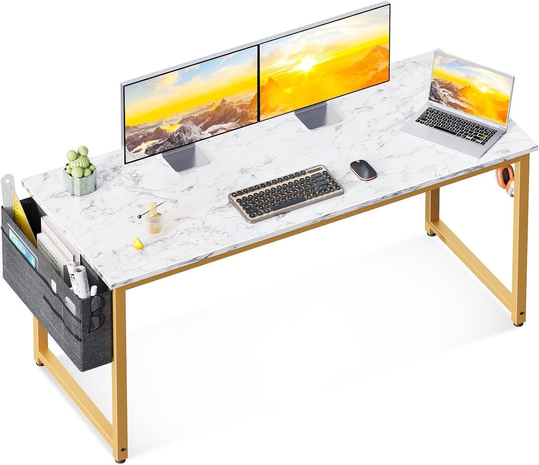 ODK Computer Desk Large Office Desk, 55 Inch Gaming Desk with Storage, Modern PC Desk Work Table with Headphone Hook for Home Office, White Marble + Gold Leg