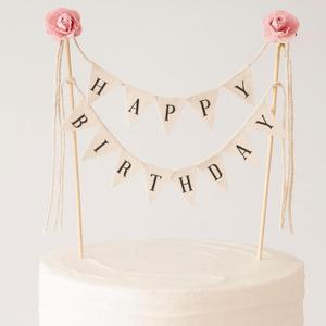 Birthday Cake Bunting Topper, Pink Rose Pennant Flag Garland with Wood Pole, Fabric Party Decoration
