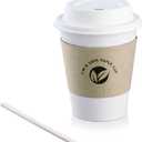 KTOB [100 pack] 12 oz Compostable Coffee Cups with Lids, Kraft Sleeves and Wooden Stirrer Sticks, Eco Friendly Disposable White Paper Cups Combo for Hot Beverage