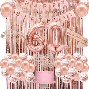 60th Birthday Decorations for Women, Rose Gold 60th Birthday Party Set with Crown, Sash, Cake Topper, Balloons, Banner, Fringe Curtains - Perfect 60th Birthday Party Supplies