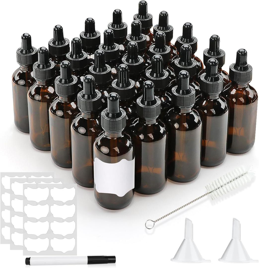 25 Pack 2 oz Amber Dropper Bottles,Eye Dropper Bottle with Black Cap,Tincture Bottles with Dropper,Glass Dropper Bottle for Essential Oils,Perfume, Hair Oil