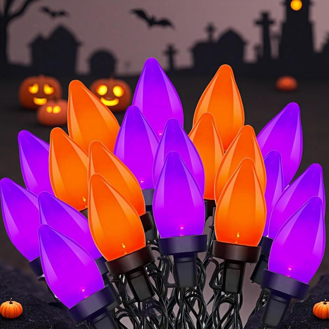Orange and Purple Halloween Lights, 26FT 50 Count LED Halloween String Lights, Waterproof Extendable Decorations Lights for Outdoor Indoor Patio Home Party Garden Yard Decor