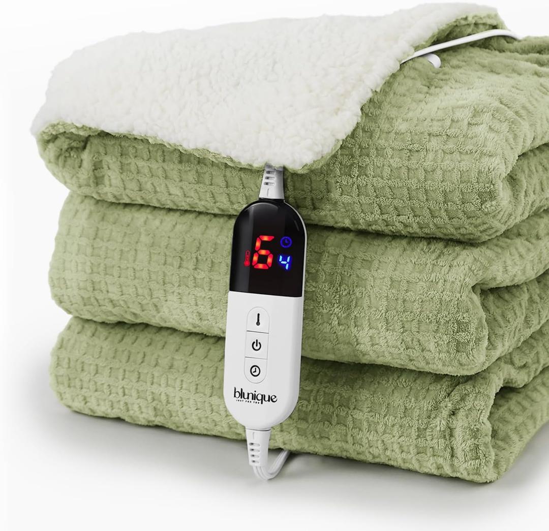 Heated Blanket Electric Throw Waffle, 50x60 Inches Sherpa Fleece Fast Heating Blanket 6 Heating Levels & 4 Hours Auto Off ETL Certification, Sage Throw