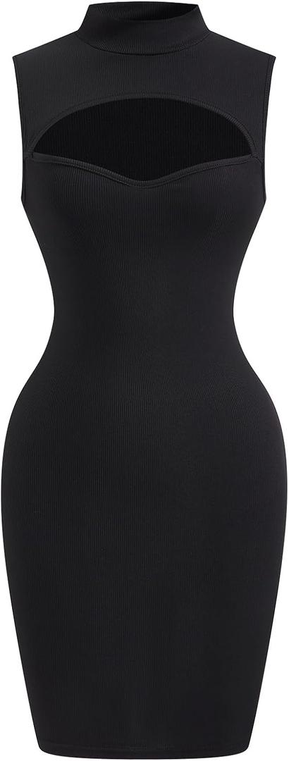 Women's Cut Out Mock Neck Dress Sleeveless Bodycon Mini Knit Evening Party Dresses (Black, S)
