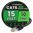 Cat 6 Ethernet Cable 15 ft, Indoor&Outdoor, High Speed 10Gbps Flat Internet Network Cable, Pure Copper Ethernet Patch Cable Long, Computer LAN Cable with Clips & Straps for Router, Modem, PS4/5, Black
