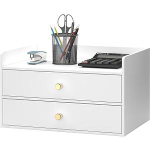 Bamboo Desk Organizer with Drawers Wooden Desktop Storage Organization Box for Bills Office Supplies Kitchen Utensils Organizing Tool for Home Classroom Vanity, No Assembly Required (2 Drawers, White)