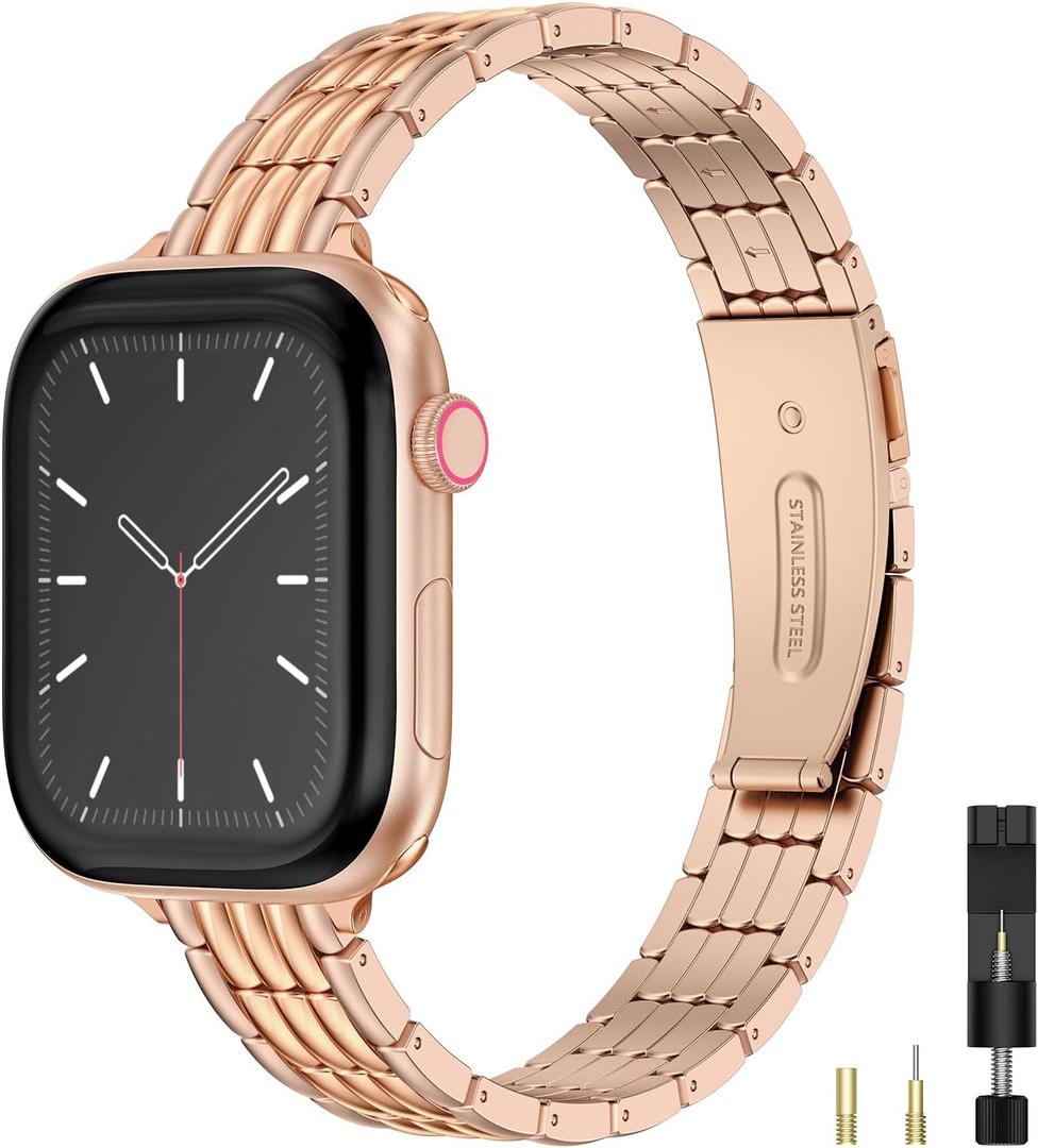 Wearlizer Slim Metal Band Compatible with Apple Watch Bands for Women 40/38/41/42/44/45/46/49mm, Dressy Stainless Steel Strap Gold Silver Bracelet for iWatch Series 11 10 9 8 7 6 5 4 SE/Ultra 3 2 1