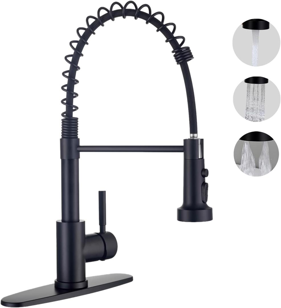 Kitchen Faucets with Pull Down Sprayer, Matte Black Stainless Steel Single Handle Pull Out Spring Sink Faucet, 3 Function Sprayer 1 or 3 Hole Deck Plate for Farmhouse Laundry Rv Bar