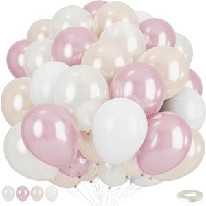 Double Stuffed Pearl White and Pink Balloons, 50pcs Double Stuffed Pearl Sand White Dusty Retro Pink Latex Balloons for Women Girls Boho Birthday Party Baby Shower Bridal Shower Wedding Engagement