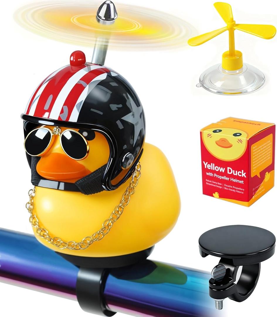 Rubber Duck Bike Decorations [New Stable Clamp Mount] Cute Squeak Duck Bike Bell [Two Helmet Propeller] Funny Bike Accessories E Scooter Motorcycle Cycling Gifts (US Classic)