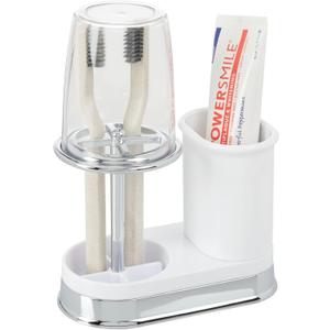 mDesign Plastic Toothpaste and Toothbrush Holder Center with Cup/Cover - Organizer for Bathroom Vanity Countertop - Holds Paste, Floss, Accessories - Hyde Collection - White/Chrome