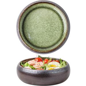 Uaral Ceramic Salad Bowls Set,18 Ounce Black Shallow Bowl Set for Pasta,Dessert or Appetizer,6.5inch,Set of 2(Black and Green)