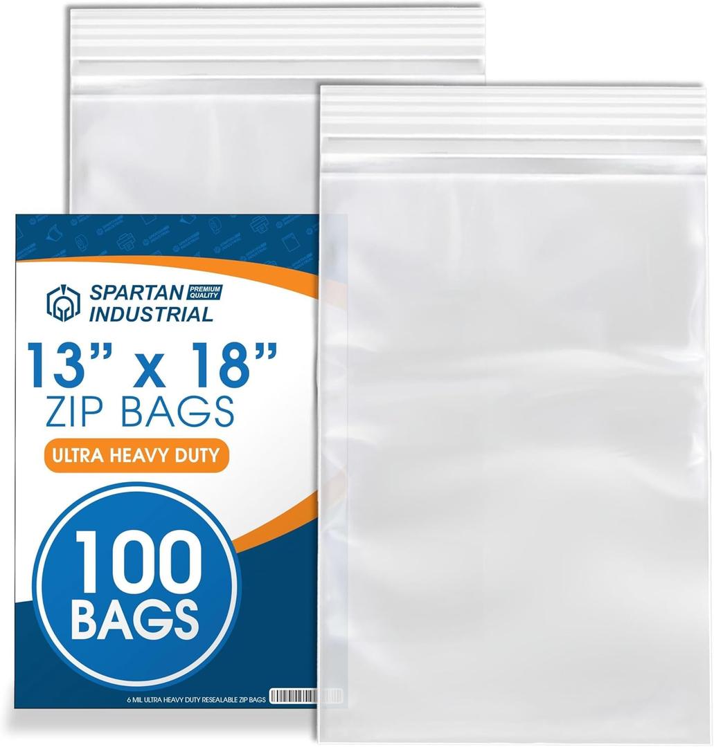 Spartan Industrial - 13" X 18" Plastic Zip Bags (6 Mil, 100 Count) - Extra Heavy-Duty Zip Bags for Clothing, Tools, Storage - Resealable Lock Seal Zipper