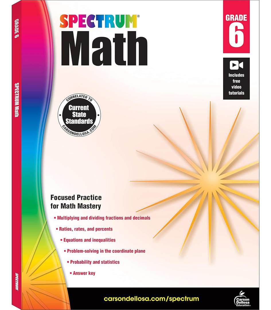 Spectrum 6th Grade Math Workbooks, Ages 11 to 12, Math 6th Grade Workbook Covering Multiplying & Dividing Fractions, Decimals, Math Equations, Percents, Probability, Statistics, Grade 6 Math Workbook, Paperback – August 15, 2014