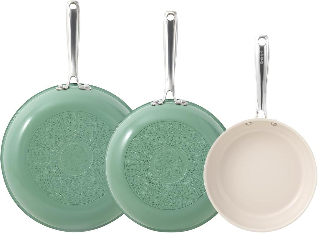 Redchef Non Stick Ceramic Frying Pan Set, Non Toxic Ceramic Pans for Cooking, 8" 9.5" 11" Skillet Set, No PFAS & PTFE & PFOA with Stainless Steel Handle, Dishwasher & Oven Safe Max up to 842F (Green)