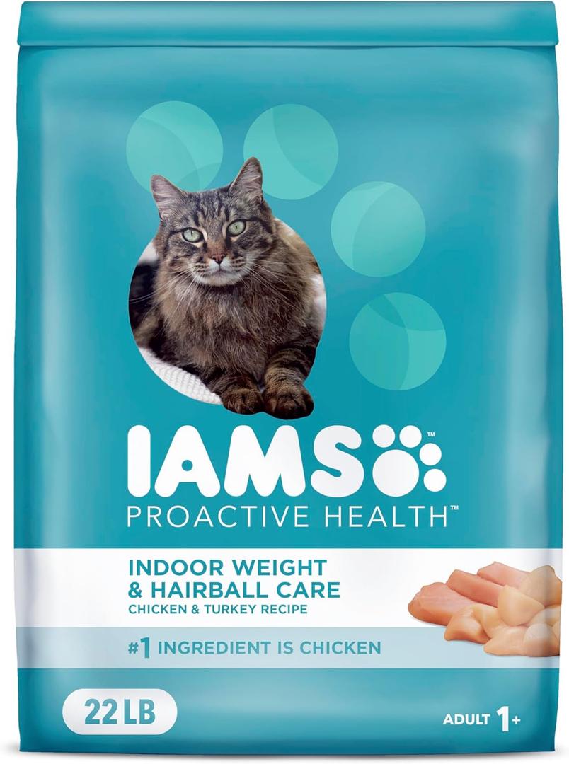 IAMS Proactive Health Indoor Weight Control & Hairball Care Adult Dry Cat Food with Chicken & Turkey, 22 lb. Bag (22 Pound (Pack of 1))