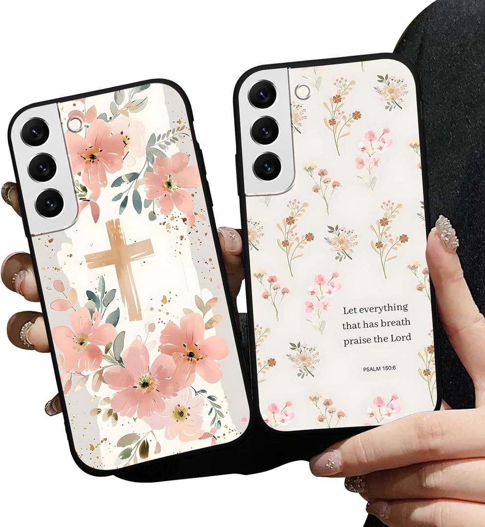 2 Pack Jesus Bible Verse Phone Cases for Samsung Galaxy S22 5G Case Floral Christian Cross Soft Shockproof Protective for Women Man Phone Cover Funda for Samsung S22 6.1 Inch
