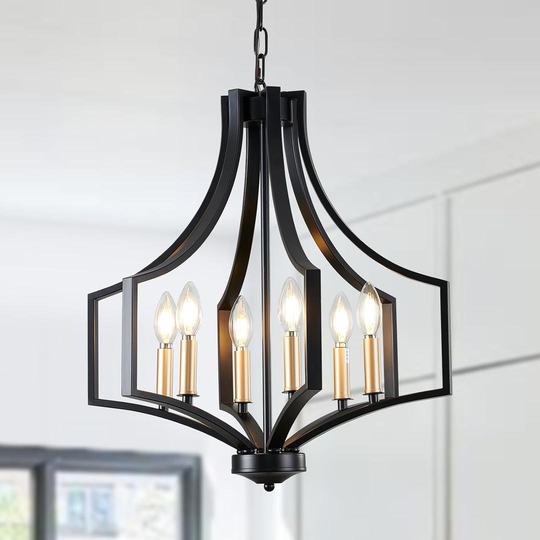 Black Chandelier Light Fixture, 6-Light Dining Room Chandelier Modern Farmhouse Black and Gold Pendant Light Fixture, Large Chandeliers for Living Room Kitchen Bedroom Foyer Entryway