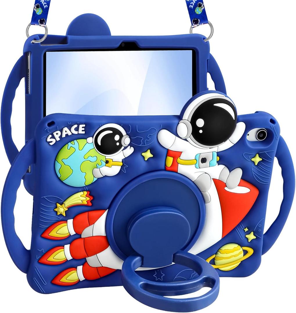 Boaretiu for iPad A16 Case/10th Generation Case - Cool Cute Cartoon Astronaut Spaceship with Strap & Rotating Stand & Handle for Boys Girls Teens 3D Silicone for iPad A16 11th Generation 11 Inch 2025