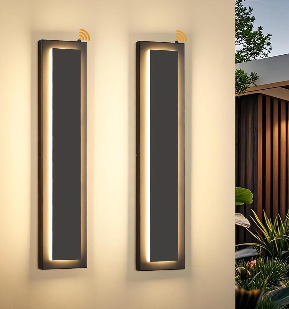 23.6'' Dusk to Dawn Outdoor Sconce Lights Black Exterior Lighting Fixtures | 3000K, Built-in LED Modern Front Porch Light, IP65 Waterproof Hardwired Sensor Outside Wall Lights for House Garage, 2 Pack