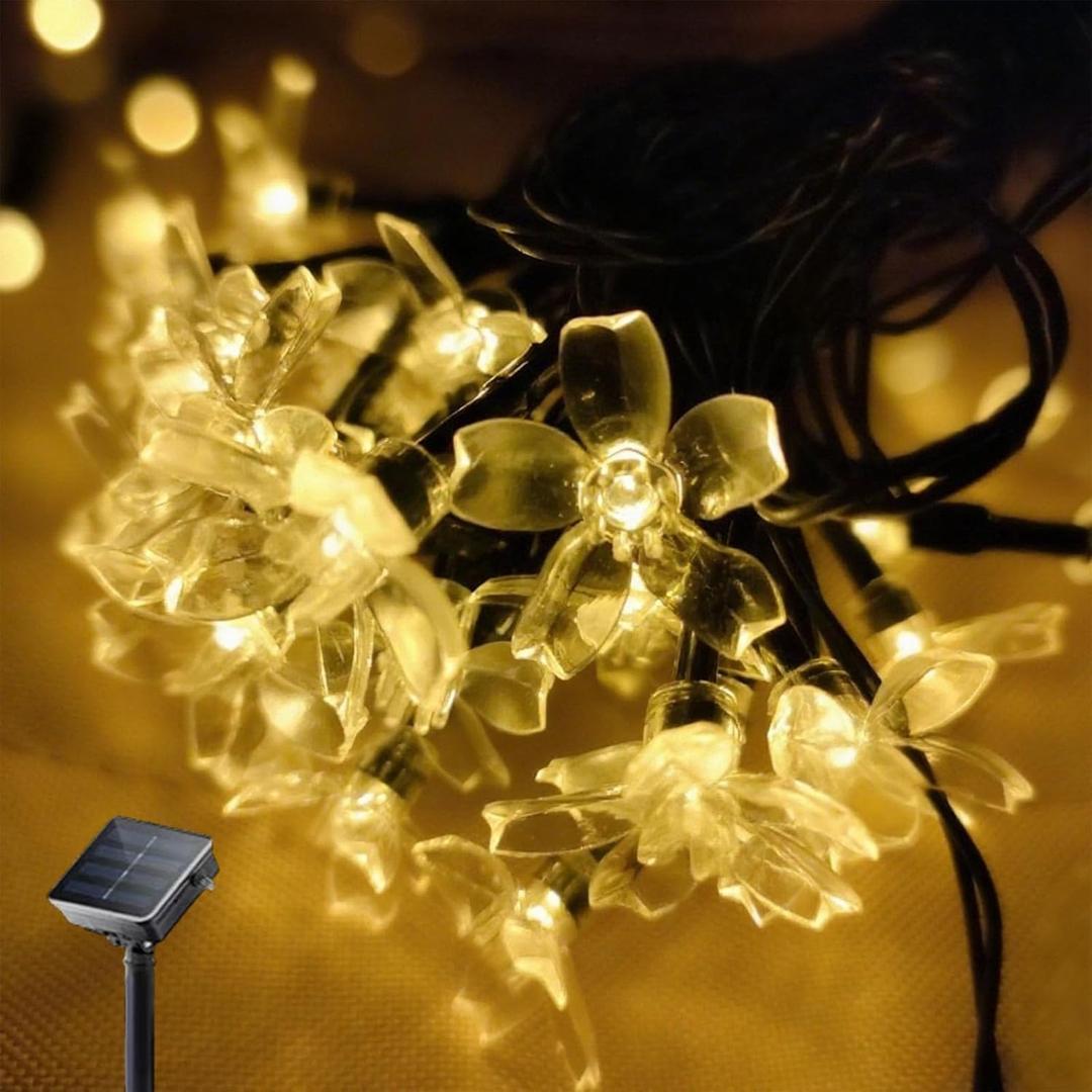 Solar Flower String Lights, 50 LED Outdoor Patio Lights Waterproof, Fairy Lights for Outside Patio Garden Fence Yard Christmas Tree Decor, Warm White (1 Pack)
