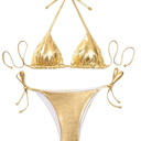 Women's Metallic Shiny Bathing Suit High Waisted Triangle Tie Side Swimsuit Bikini Set XXL, Gold