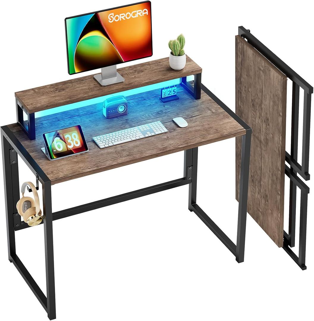 Small Folding Desk 31.5 Inch, Foldable Computer Desks with LED Lights and Monitor Stand, Work Portable Table for Bedroom Home Office, Brown