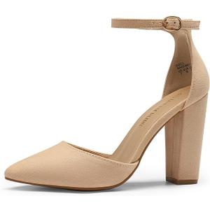 DREAM PAIRS Women's Coco High Heels Chunky Block Pumps Pointed Closed Toe Ankle Strap Dress Shoes (7.5, Nude)