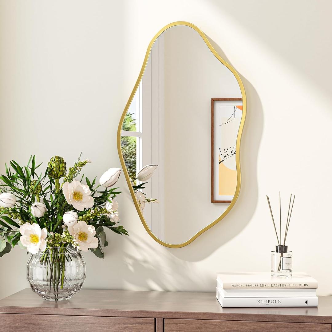 Keonjinn Gold Irregular Mirrors for Wall 16" x 28" Inch, Asymmetrical Metal Frame, Tempered Glass Decorative Mirror for Bathroom, Bedroom, Living Room, Entryway(Horizontal/Vertical)