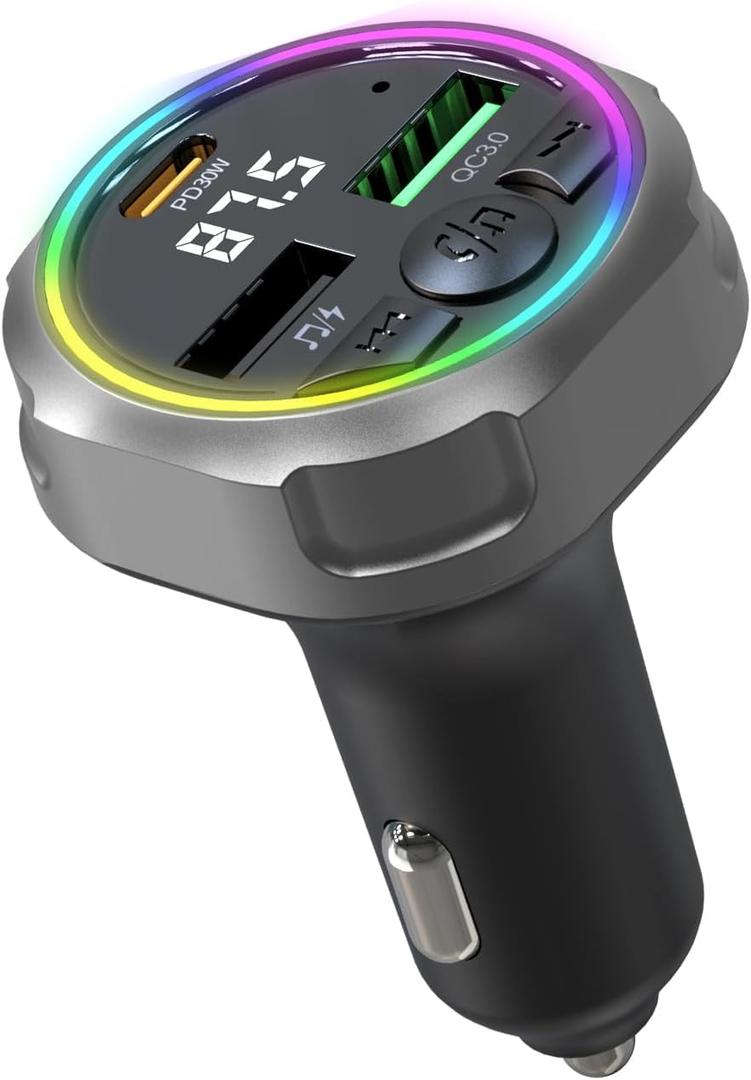 Bluetooth 5.3 Car FM Transmitter, USB C PD30W & QC 3.0 Dual Fast Charger, 7 LED Lights Wireless Handsfree Car Adapter with Clear Sound & Memory