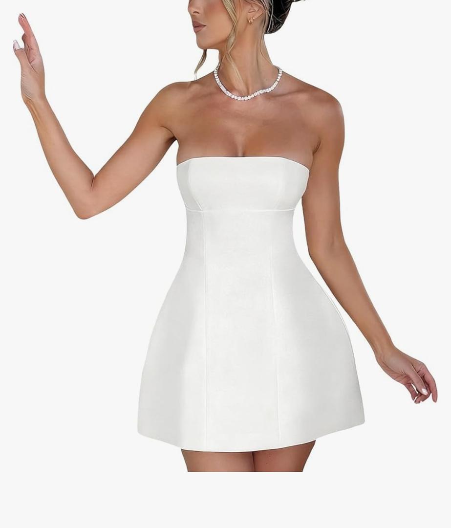 Womens Sexy Strapless Tube A-line Mini Dress Club Party Short Corset Cocktail Bodycon Prom Dresses for Women (White,Medium)