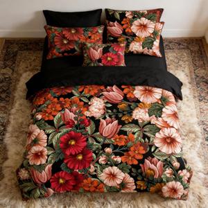 CCoutueChen Black Floral Comforter Set Queen Size, Tropical Vintage Botanical Bedding Set for Women - 3 Pieces Soft Fluffy Microfiber Comforter with 2 Pillowcases, 90"x90"