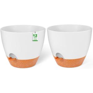 GARDIFE 12 inch planters, Plant Pots,Self Watering Pots, 2 Pack Large Plastic Flower pots with Deep Reservior and High Drainage Holes for Indoor Outdoor Plants and Flowers, White