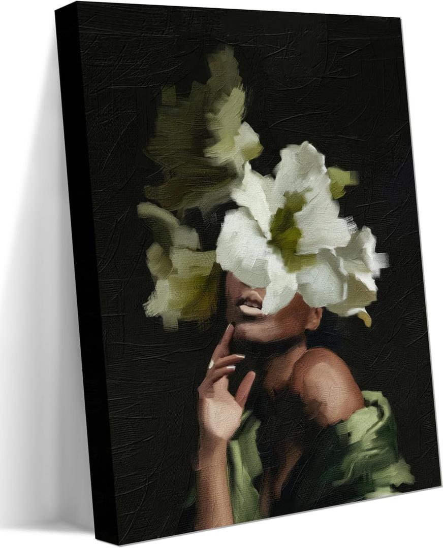 Dytila Framed Head Flower African American Wall Art, Fashion Black Girl Pictures Wall Decor Black Woman Paintings African Portrait Canvas Prints, Artwork for Living Room Bathroom Bedroom 16x24 in