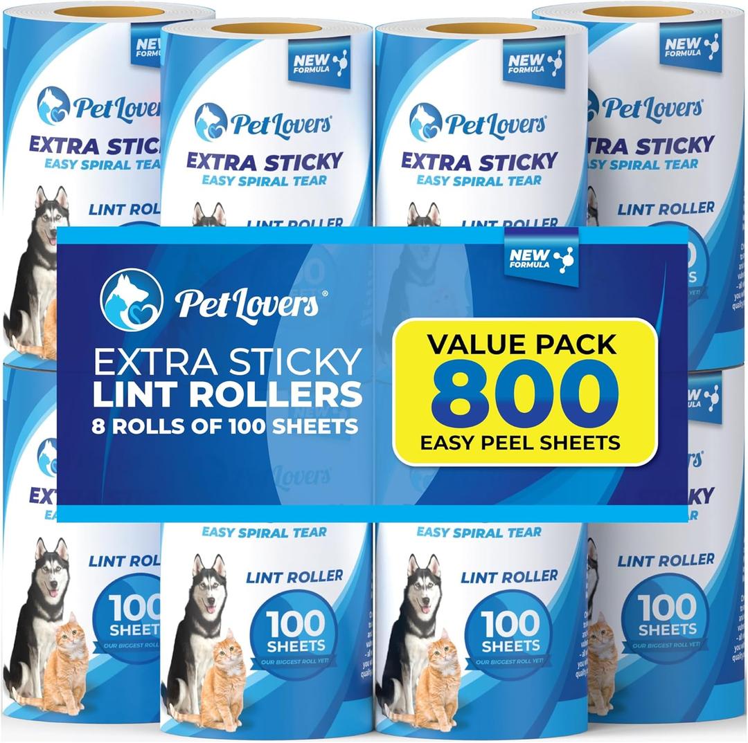 PetLovers Extra Sticky Lint Roller Mega Value Set for Pet Hair Removal, Dog and Cat Lint Remover (8 Pack Refills)