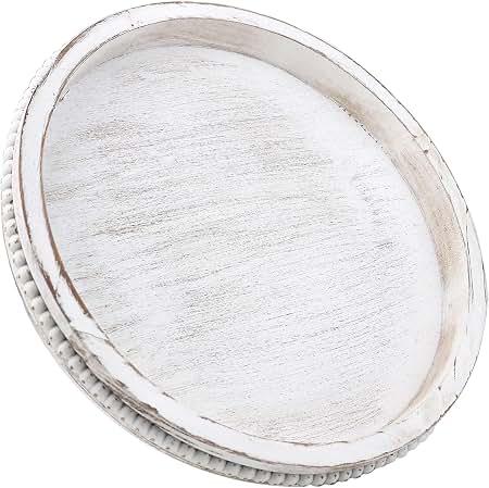 Zosenley 13 Inch Round White Centerpiece Tray with Handles - Plastic Distressed Wood Grain Decorative Serving Platter for Coffee Table - Rustic Farmhouse Ottoman Decor, Perfume & Candle Organizer