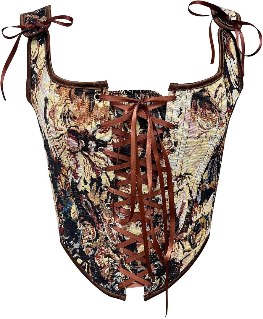 MakeMeChic Women's Floral Print Lace Up Corset Top Tie Front Boho Shirt Crop Tops (Medium, Multicolor)