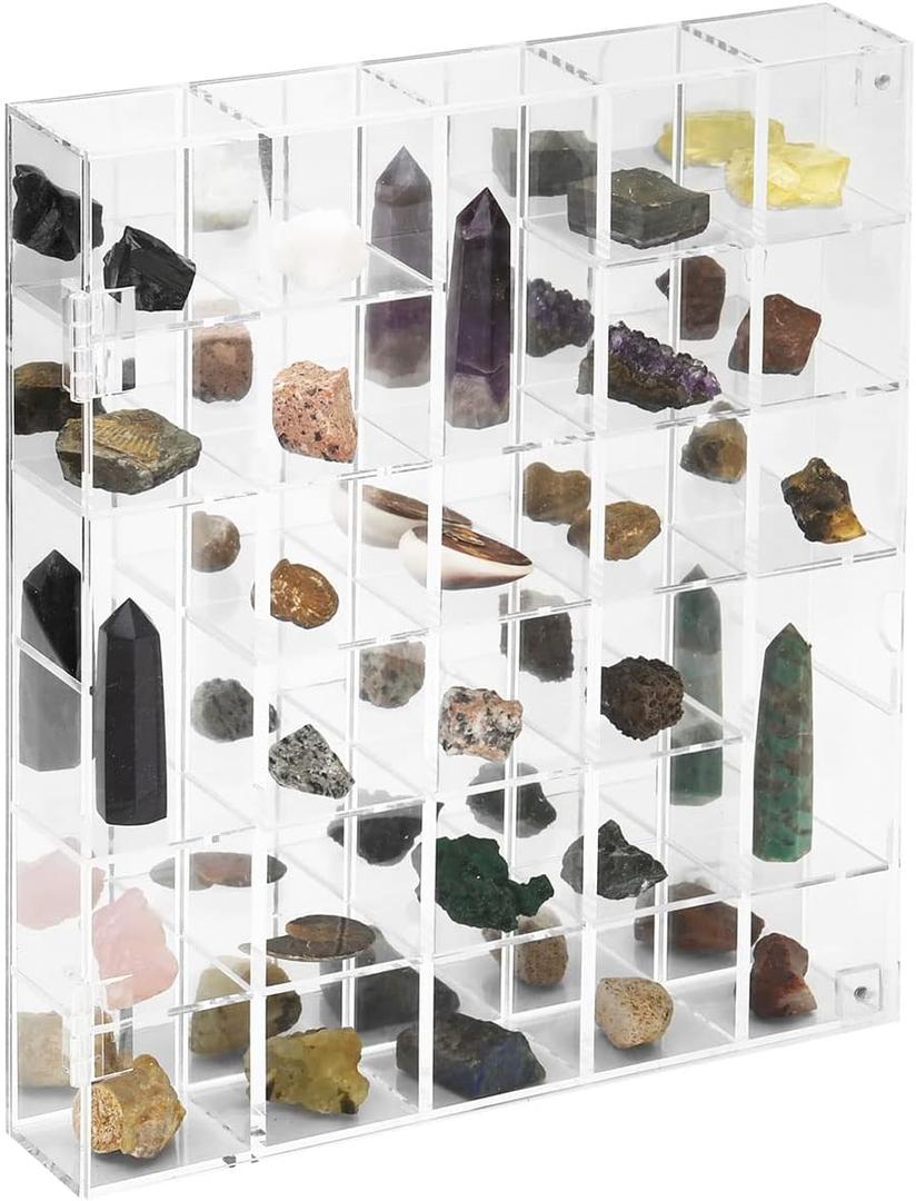 Adjustable Rock Display Case Clear Acrylic Collection Box with Mirrored Arrowhead Stones Storage Display Case Mineral Crystal Collectibles Holder Organizer Showcase Shelves with Lid