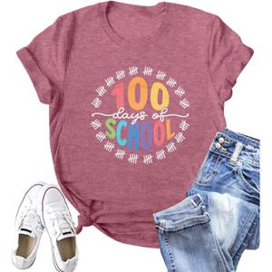 100 Days of School Shirt Teacher Happy 100th Day of School Tshirt Women Casual Teacher Life Tee Tops (Pink, L)