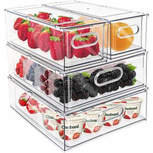 Mano Fridge Drawer Pull Out Stackable Bins with Handle Clear Refrigerator Drawers Organizer Food Storage Container Box with Dividers Plastic Produce Saver for Pantry, Cabinet, Kitchen, Clothes4Pack