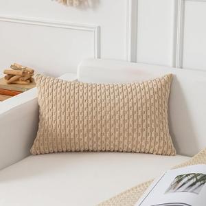 Kevin Textile 12x20 Inch Pillow Cover 1 Pack Boho Decorative Soft Striped Corduroy Lumbar Farmhouse Color Accent Rectangle Cushion Case for Living Room Couch Sofa Bed, Beige