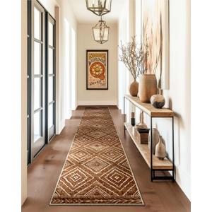Area Rug 2x10 Rug Machine Washable Non-Slip Low Pile Print Pattern Western Rug for Living Room Bedroom Entryway Tribal Series -Yellowbrown/Cream